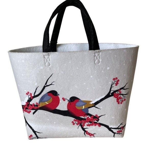 BARNES & NOBLE Tote Book Bag Gray Felt Birds on Trees Double Handles ***RARE NWT - Picture 1 of 11